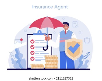 Insurance agent concept. Idea of security and protection of property and life from damage. Healthcare and medical service. Flat vector illustration