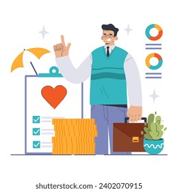 Insurance Agent concept. A professional healthcare insurance agent guides through policy benefits, ensuring financial security and peace of mind. Flat vector illustration