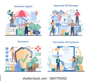 Insurance agent concept set. Idea of protection of property and life from damage. Damage appraisal and contract formation. Medical service. Isolated flat vector illustration