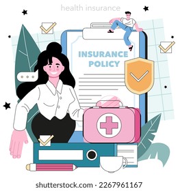 Insurance agent. Contract of security of life from potential damage. Healthcare and medical service expences reimbursement. Flat vector illustration