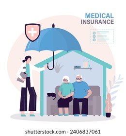 Insurance agent or doctor holding umbrella over senior couple to protect from life health accident. Health and life insurance policy, healthcare for elderly people, concept. flat vector illustration