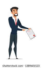 Insurance agent with document cartoon illustration. Broker character holding insurance policy drawing. Isolated design element. Businessman with claim form. Man in suit, manager shows paper, policy