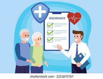 Insurance agent explain package senior couple to protect from life health accident. Health and life insurance policy, healthcare concept