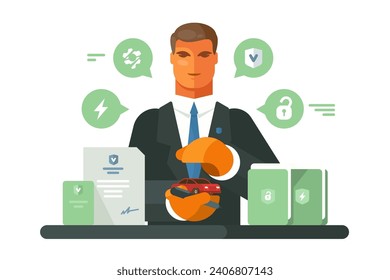 Insurance Agent Explaining Coverage, vector illustration. Scene depicts a professional presenting various options for car protection