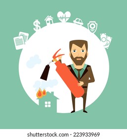 insurance agent extinguishes a fire extinguisher home illustration