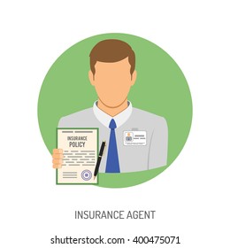 Insurance Agent Flat Icon For Web Site, Advertising With Policy. Isolated Vector Illustration