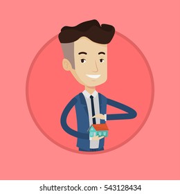 Insurance agent holding house model. Insurance agent protecting model of the house. Property insurance concept. Man insuring house. Vector flat design illustration in the circle isolated on background