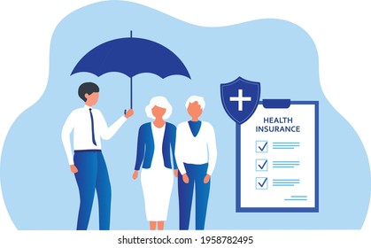 Insurance agent holding umbrella over senior couple to protect from life health accident. Health and life insurance policy, healthcare concept