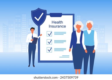 Insurance agent holding umbrella over senior couple to protect from life health accident. Health and life insurance policy, healthcare concept