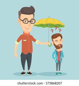 Insurance agent holding umbrella over young hipster man. Caucasian man standing under umbrella and question marks. Concept of insurance in business. Vector flat design illustration. Square layout.