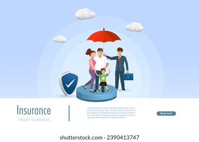 Insurance agent holding umbrella protect family with insurance shield. Health and medical insurance for family proection. Vector.