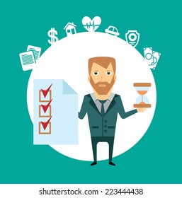 insurance agent holds in one hand a document, and in the other hand hourglass illustration