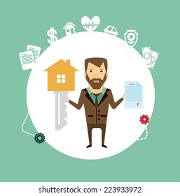insurance agent holds in one hand a huge key, and in another document illustration