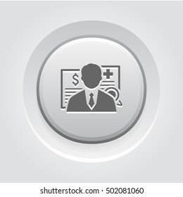 Insurance Agent Icon. Grey Button Design. Isolated Illustration. Man with multiple documents placed behind.