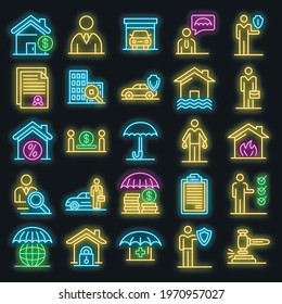 Insurance agent icons set. Outline set of insurance agent vector icons neon color on black