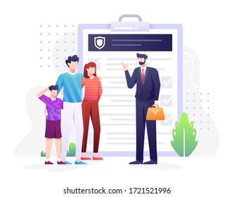 Insurance Agent Illustration With Agent Explaining About Insurance To A Family As Concept. This Illustration Can Be Use For Website, Landing Page, Web, App, And Banner.