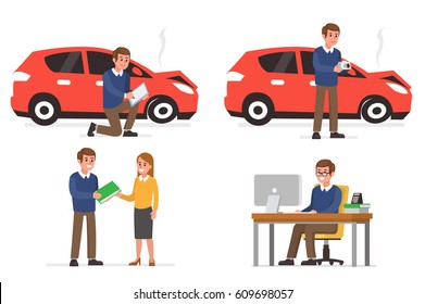 Insurance agent inspect of vehicle damage, making photo, collect documents and calculates. Vector illustration.