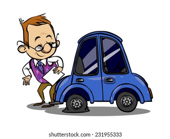 Insurance agent inspects a broken car. Vector illustration 
