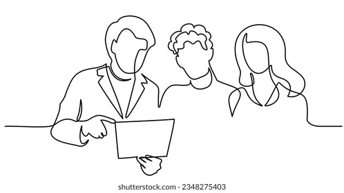 Insurance agent introduces to couple terms of contract. Business meeting concept. Continuous one line drawing design. Vector illustration