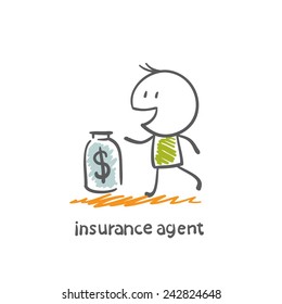 insurance agent keeps dollars in the bank illustration