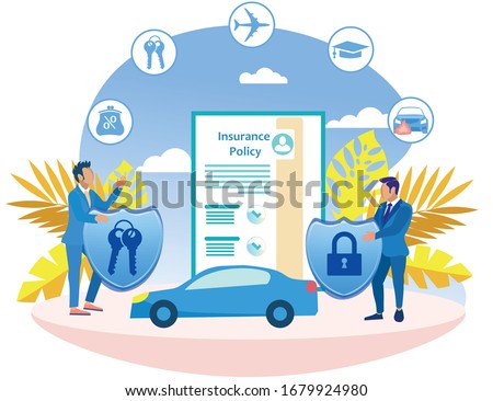 Insurance Agent and Man in Blue Suits. Insure Car. Insurance Policy. Vector Illustration. Reliable Protection. Insurance Case. Employee Insurance Company and Client. Lock and Key in Hand.