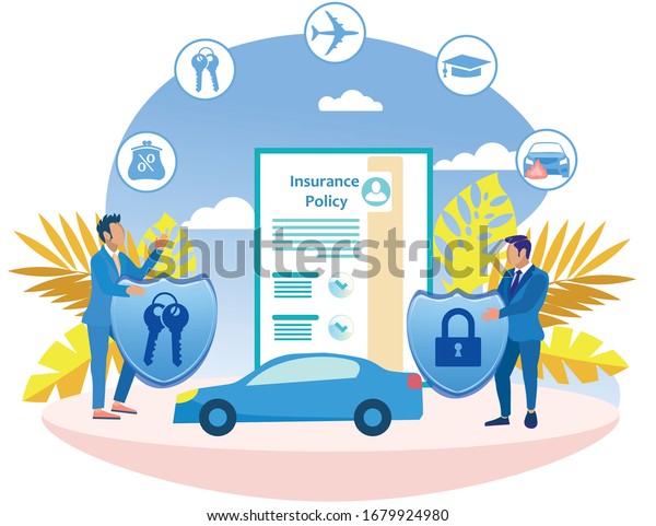 Insurance Agent and Man in Blue Suits. Insure Car.\
Insurance Policy. Vector Illustration. Reliable Protection.\
Insurance Case. Employee Insurance Company and Client. Lock and Key\
in Hand.
