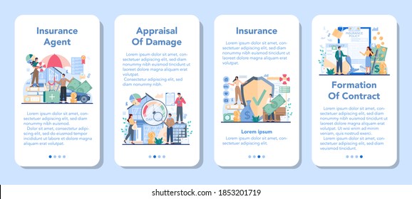 Insurance agent mobile application banner set. Idea of protection of property and life from damage. Damage appraisal and contract formation. Medical service. Isolated flat vector illustration