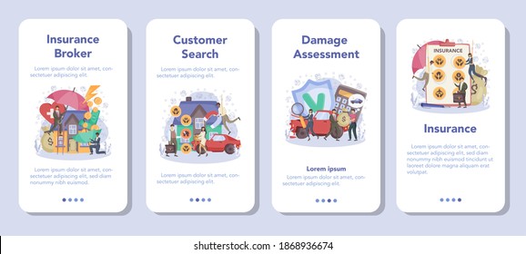 Juego de banners para aplicaciones móviles de agentes de seguros. Idea de la seguridad y protección de los bienes y la vida frente a los daños. Atención médica y servicios médicos. Ilustración vectorial plana aislada