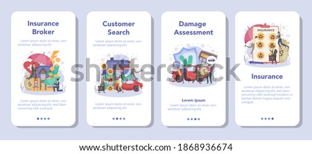 Insurance agent mobile application banner set. Idea of security and protection of property and life from damage. Healthcare and medical service. Isolated flat vector illustration