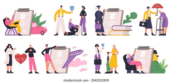 Insurance agent offers people protecting, life and property. Property protection, healthcare and medical service vector Illustration set. Risk insurance protection. Agent insurance offer protection