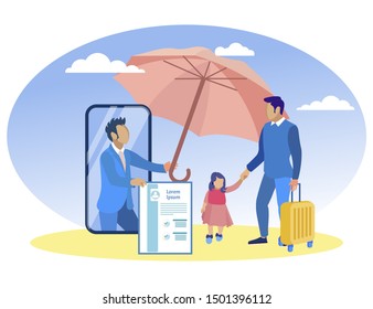 Insurance Agent on Smartphone Screen with Pink Umbrella and Father with Daughter. Insurance Policy. Vector Illustration. Reliable Protection. Worker Insurance Company and Client. Travel Life Insurance