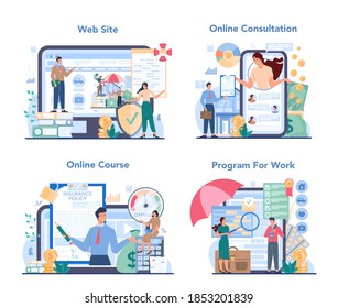 Insurance Agent Online Service Or Platform Set. Idea Of Protection Of Property And Life From Damage. Online Consultation, Course, Website, Program. Isolated Flat Vector Illustration