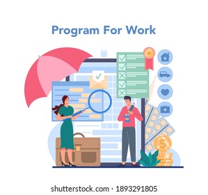 Insurance agent online service or platform. Idea of protection of property and life from damage. Online program for work. Isolated flat vector illustration
