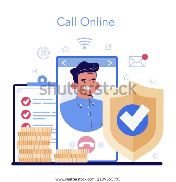 Insurance agent online service or platform.\
Idea of security and protection of property and life from damage.\
Online call. Flat vector\
illustration
