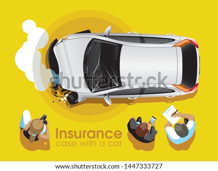 The insurance agent and the photographer investigate and photograph the broken white car in the presence of the owner and process insurance documents