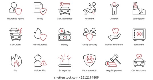 Insurance Agent, Policy, Car Assistance, Accident, Children, Earthquake, Car Crash, Fire Insurance, Money, Family Security, Dental Insurance, Bank Safe, Fire, Builder Risk, Emergency vector icons