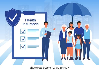 Insurance agent present insurance policy for family to protect from life and health accident. Health and life insurance policy, healthcare concept