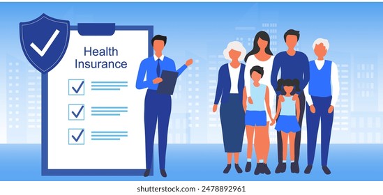 Insurance agent present insurance policy for family to protect from life and health accident. Health and life insurance policy, healthcare concept