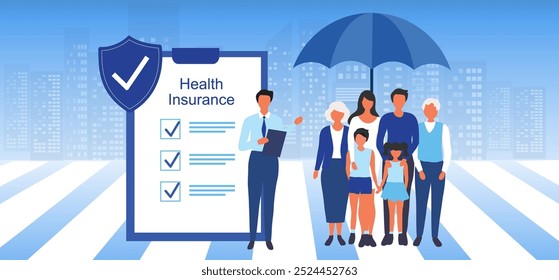 Insurance agent present insurance policy for family to protect from life and health accident. Health and life insurance policy, healthcare concept