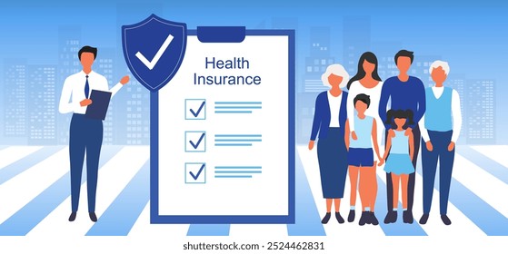 Insurance agent present insurance policy for family to protect from life and health accident. Health and life insurance policy, healthcare concept