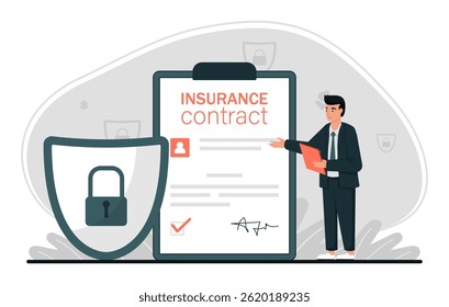 Agente de seguros presentando escena del contrato de seguro. Acuerdo seguro, confianza, seguridad financiera, servicio de políticas, concepto de seguridad y protección. Documento de Acuerdo. Ilustración vectorial aislada plana.