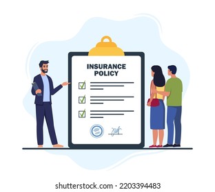 Insurance agent presenting service making deal with client family couple. Insurance policy on clipboard. Contract policy agreement. Vector illustration