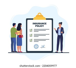 Insurance agent presenting service making deal with client family couple. Insurance policy on clipboard. Contract policy agreement. Vector illustration