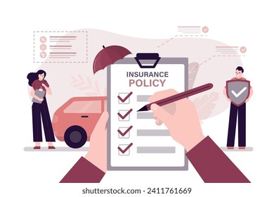 Insurance agent presenting service making deal with client. Human signing contract. Car under insurance policy and umbrella. Customer driver holds protective shield. Protection automobile on roads.