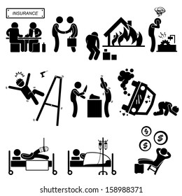 Insurance Agent Property Accident Robbery Medical Coverage Relieve Stick Figure Pictogram Icon