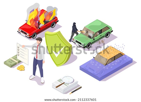Insurance agent representing auto policy\
options, protection shield against any car damages, flat vector\
isometric illustration. Car insurance\
services.