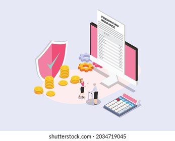 Insurance agent and senior woman discussing about pension fund insurance application form with calculator, coins, and computer monitor. isometric vector concept