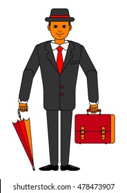 Insurance agent standing with red briefcase and closed red umbrella. Vector illustration