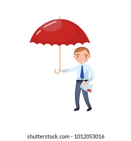 Insurance agent standing with red protecting umbrella, insurance concept cartoon vector Illustration