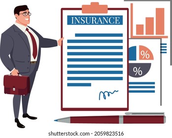 An insurance agent in a suit offers to sign a health insurance policy. The concept of health insurance against accidents. Stock vector illustration